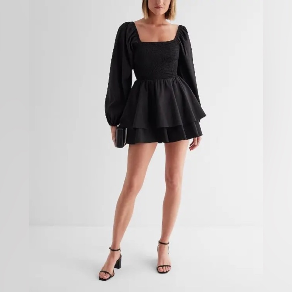 Express Casual Square Neck Long Sleeve Smocked Poplin Romper